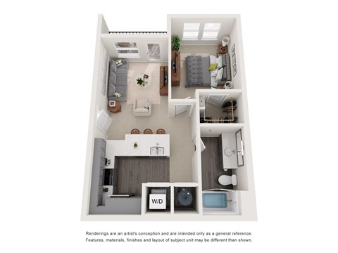 Floor plan for 1 bed, 1 bath, 622 sqft
